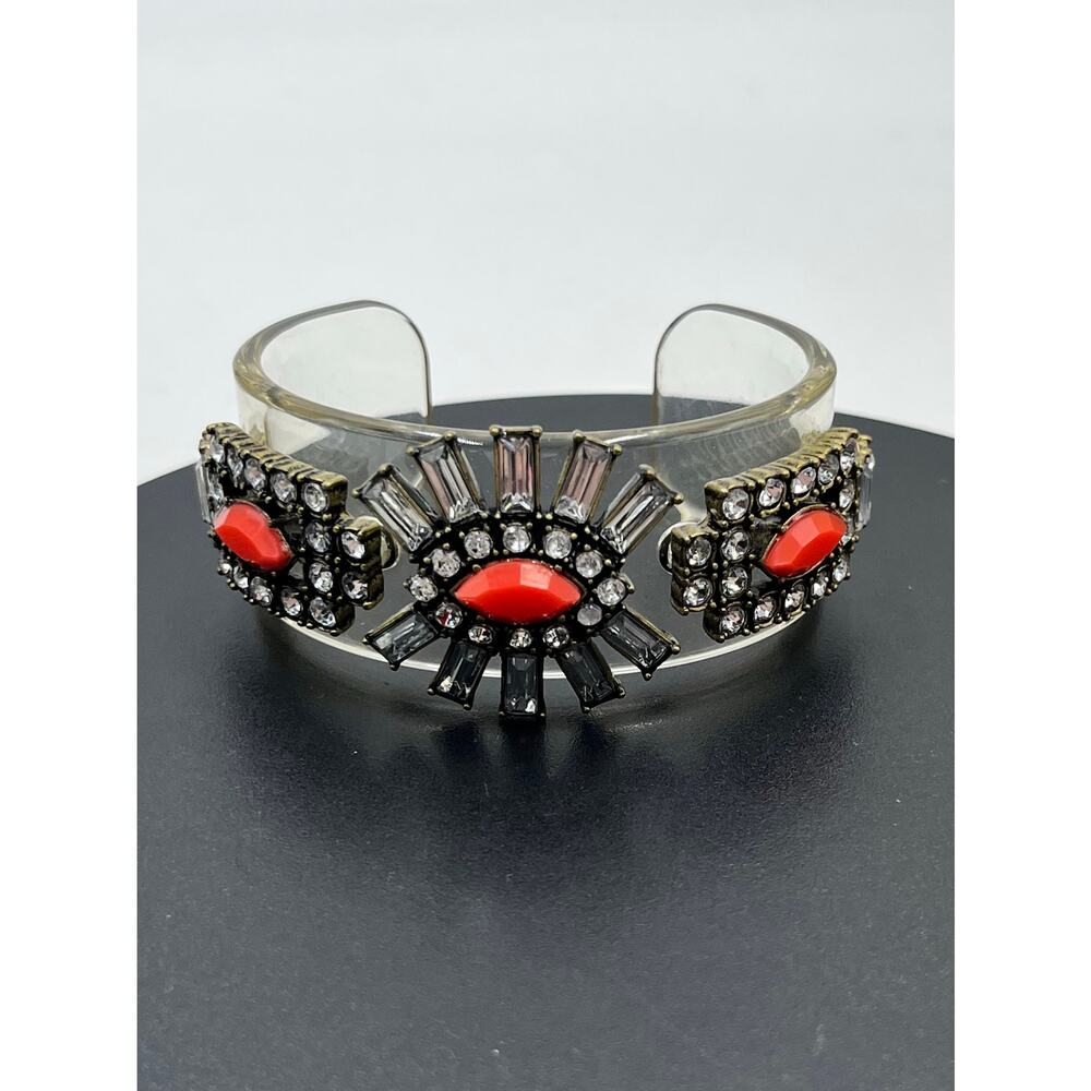 J. Crew Clear Lucite Embedded‎ Red Clear rhinestones Antique Brass Cuff Bracelet
